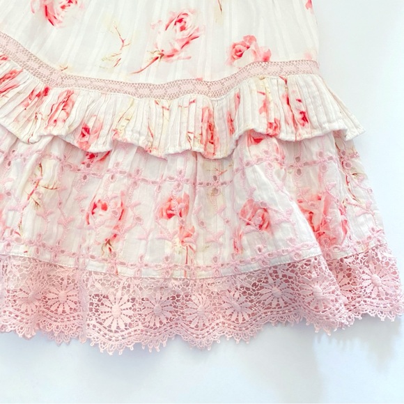 LOVESHACKFANCY white pink rose floral print ruffle eyelet lace mini skirt - Picture 4 of 8
